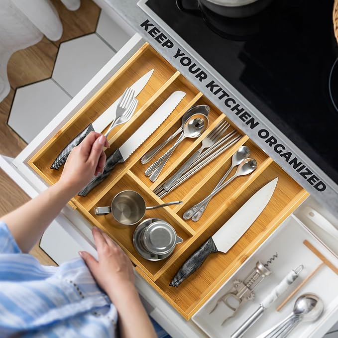 HOMESTEAD Nature Bamboo Drawer Organizer - Silverware Drawer Organizer, Expandable Drawer, Spoon and Fork Organizer for Kitchen & Versatile in Bedroom, Office, Cosmetics