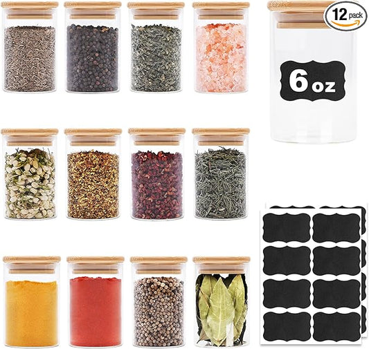 6oz Glass Food Storage Jars, Glass Jars with Bamboo Lids, Kitchen Storage Jars, Set of 12, Canisters with Airtight Lids for Spice, Coffee, Cookie, Pantry Organizers