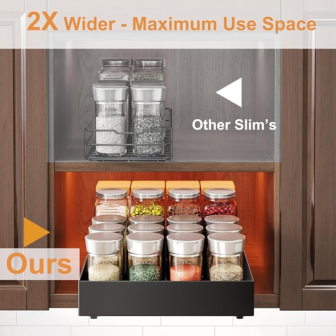 Pull Out Spice Rack Organizer for Cabinet, Slide Out Spice Racks Organizer, No Drill Easy to Install, 8"Wx10"Dx2"H