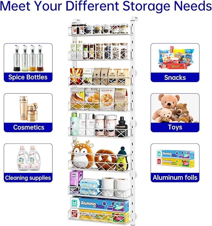 Over the Door Organizer, White 8-Tier Pantry Door Organizer with Adjustable Basket, Hanging Spice Rack Cabinet Door Shelves, Laundry Room Organization and Storage
