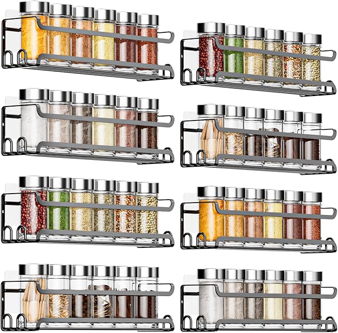 LUCYCAZ 8 Pack Wall Mounted Spice Rack with 32 Hooks, Spice Organizer for Cabinet Pantry Door,Screw or Adhesive Spice Shelf Hanging Wall Spice Rack in Kitchen and RV (Black)