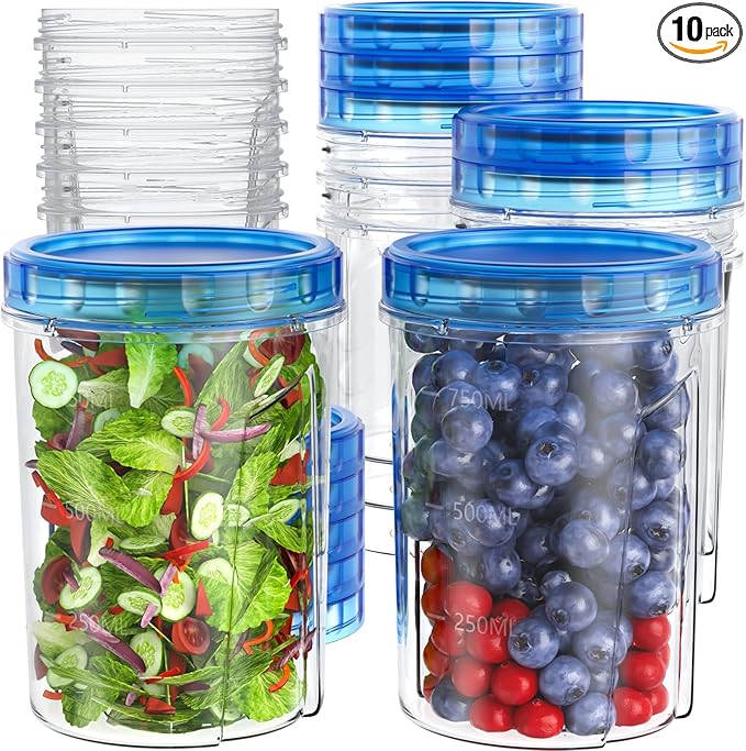 [32 oz 10 Pack] Food Storage Freezer Containers Clear Bottom with Blue Twist Top Lids Reusable, Plastic Airtight Meal Prep Containers BPA Free | Stackable | Leakproof | Microwave/Dishwasher Safe