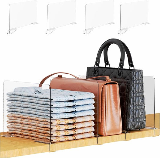 Yieach 4 Pack Adjustable Height Acrylic Shelf Dividers for Closet Organization,Clear Closet Shelf Dividers for Shelves,Vertical Closet Shelf Separators in Closet for Towel,Bag,Purse,Sweater,Bookshelf