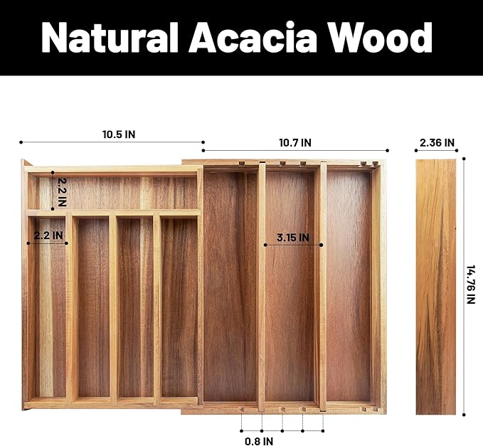 Acacia Wood Expandable Silverware Organizer, Kitchen Utensil Drawer Organizer for Forks & Spoons, 8-Compartment Cutlery Tray, Flatware Holder