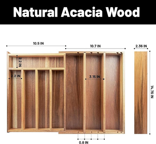 Acacia Wood Expandable Silverware Organizer, Kitchen Utensil Drawer Organizer for Forks & Spoons, 8-Compartment Cutlery Tray, Flatware Holder
