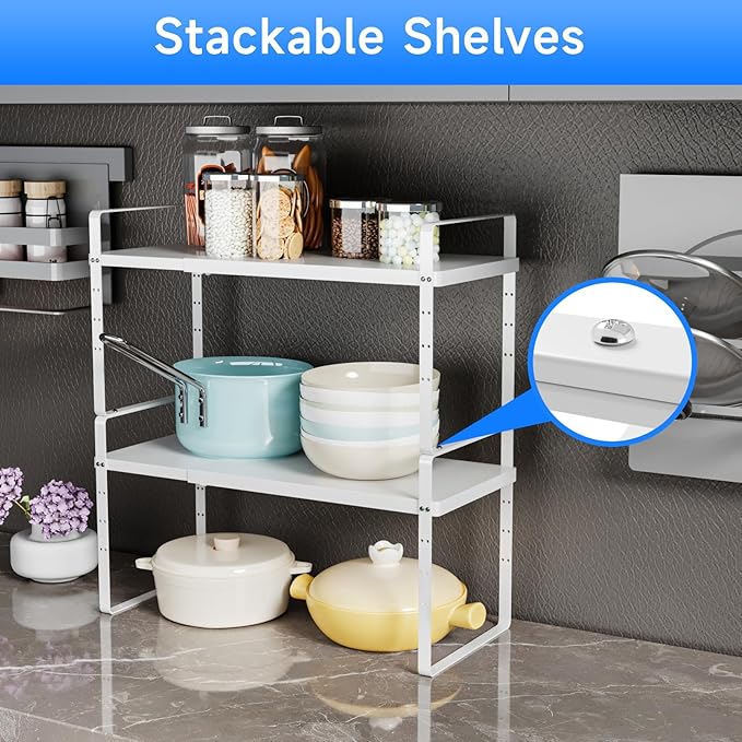 Expandable Cabinet Shelf Organizer, Stackable Kitchen Pantry Counter Storage, Adjustable Closet Cupboard Stand Rack Risers Spice Organization 80LBS Heavy Duty White Large 1 Pack
