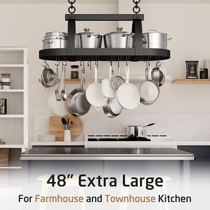 KES 48 Inch Large Hanging Pot Rack, Heavy Duty Oval Pot and Pan Hanging Rack Ceiling Mount, Pot Pan Hangers for Kitchen with 20 Hooks, Matte Black, (For 16" and 24" Stud Mount), KUR225S122-BK