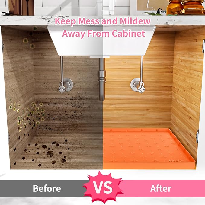 Sdpeia Under Sink Mat for [28" x 22"] Cabinet, Upgraded Silicone Waterproof Mat Kitchen Cabinet Liner Cabinet Protector Kitchen Organizers and Storage