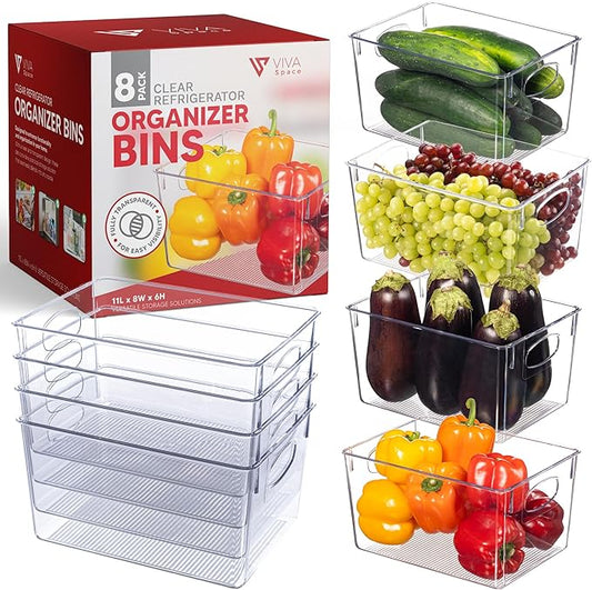 Clear Refrigerator Organizer Bins - Plastic Fridge Organizers - Storage Containers for Organizing Pantry, Cupboard, Cabinet, Freezer, Food, Fruit, Kitchen, Bathroom - Refrigerator Storage Bin set of 8