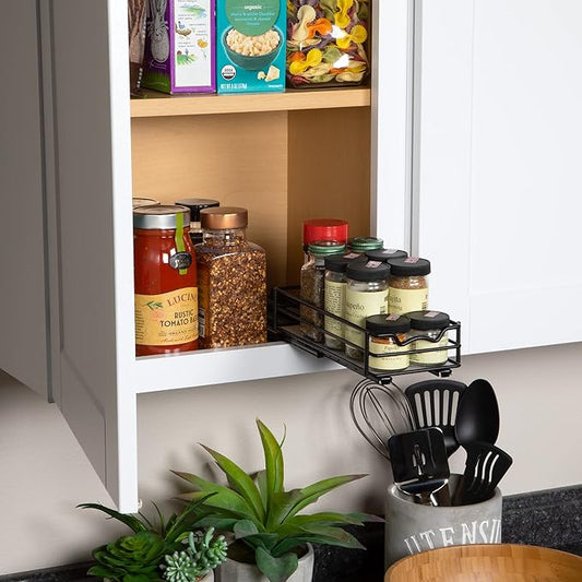 Pull Out Cabinet Organizer for Spices, Cans - Heavy Duty with Lifetime Limited Warranty- Pull Out Spice Rack- Cabinet Pull Out Shelf for Cans,Dishes, Etc, 4-1/2"W x 10-1/2"D x 2-3/4”H, Black