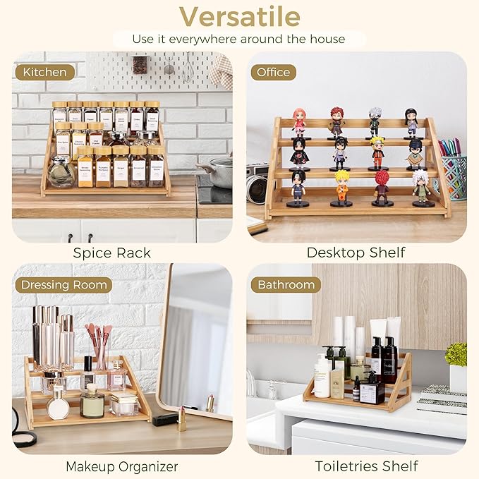 3-Tier Bamboo Spice Rack, Ideal for Kitchen Countertops, Cabinets & Pantries - Modern Design, Space-Saving (Spice Bottles Not Included)