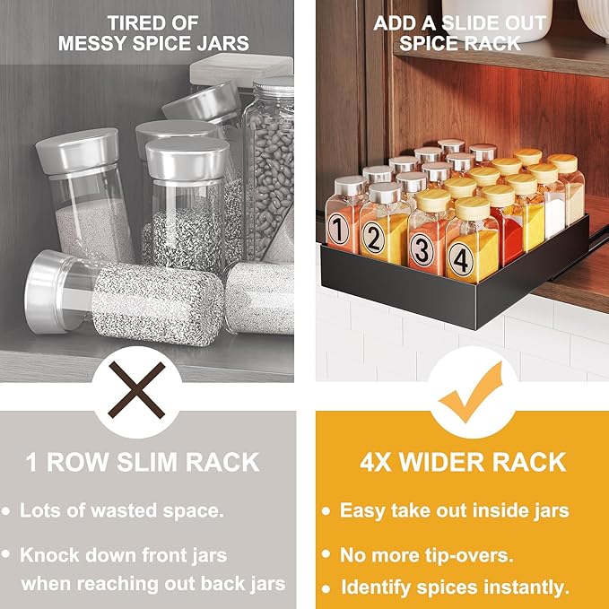 Pull Out Spice Rack Organizer for Cabinet, Slide Out Spice Racks Organizer, No Drill Easy to Install, 8"Wx10"Dx2"H