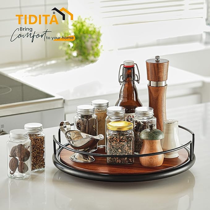 13" Acacia Wood Lazy Susan Turntable with Metal Frame for Table Top - Wooden Serving Tray Rotating for Kitchen Counter - Centerpiece Organizer Storage Food Bin Container for Pantry, Fridge