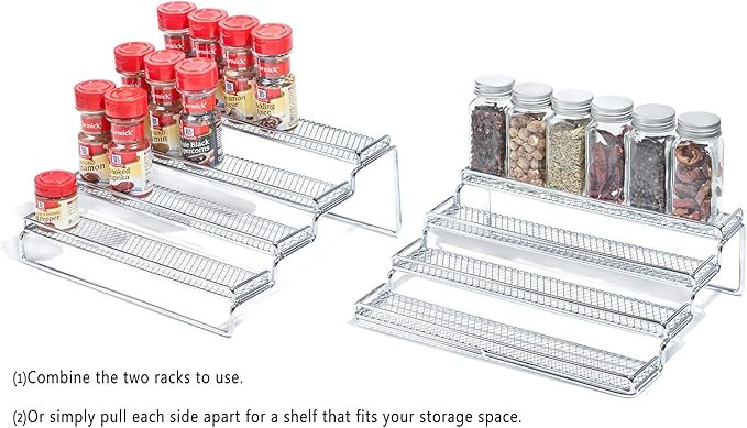 MEIQIHOME 4 Tier Expandable Spice Rack Organizer (11.4 to 22.8 Inch) Step Shelf Spice Storage Holder, for Kitchen Cabinet Countertop Cupboard Pantry, Metal, Chrome