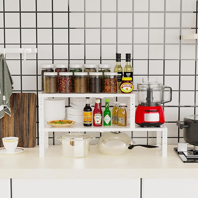 Expandable Stackable Spice Rack Organizer for Kitchen Cabinet,Adjustable Counter Shelf, countertop, Pantry,Cupboard,Bathroom,Bedroom(2Packs/White/Medium)
