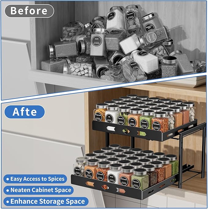 spice organization for cabinet, 2-Tier Cabinet Spice Rack Organizer, Height Adjustable Vertical Spice Rack for Kitchen Cabinet (14.1''Wx10.8''Dx9.2''H, Metal Black)