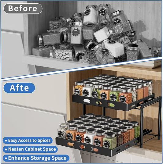 spice organization for cabinet, 2-Tier Cabinet Spice Rack Organizer, Height Adjustable Vertical Spice Rack for Kitchen Cabinet (14.1''Wx10.8''Dx9.2''H, Metal Black)