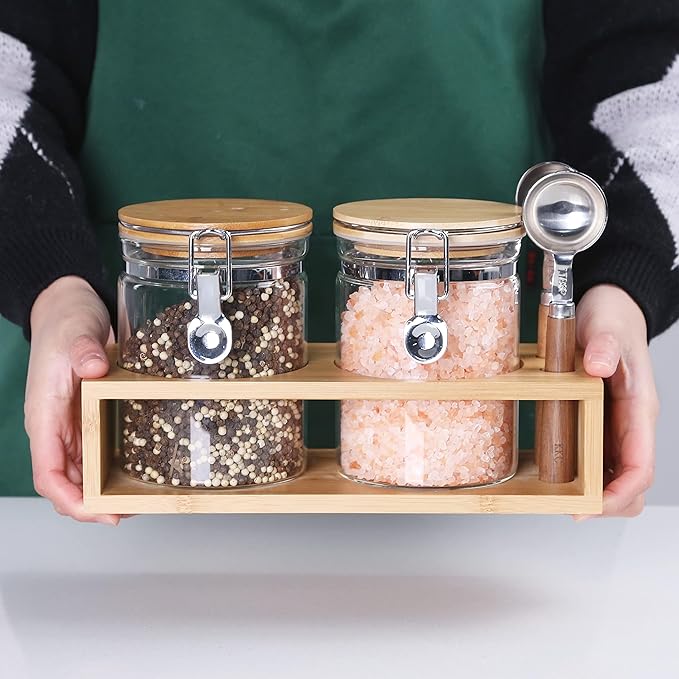 KKC HOME ACCENTS Airtight Clear Glass Coffee and Tea Storage Jars with Lids and Scoops, Air tight Sealed Coffee bean Containers with Clamp Lids for Ground Coffee,Sugar,Loose Leaf Tea,Matcha, 27 FL OZ