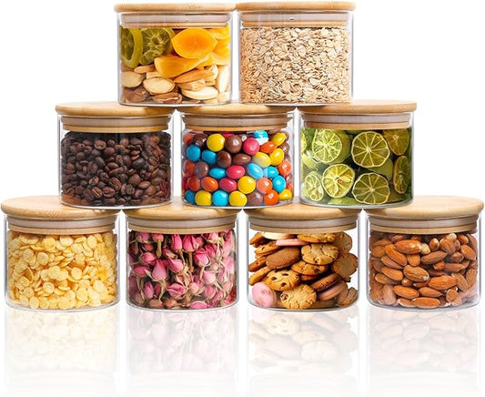 ComSaf 15oz Glass Food Storage Jars Set of 9, Clear Glass Storage Containers with Lids, Pantry Organization Jar, Spice, Salt, Blooming Tea, Coffee, Oat and Sugar Container, Small jar Set for Kitchen
