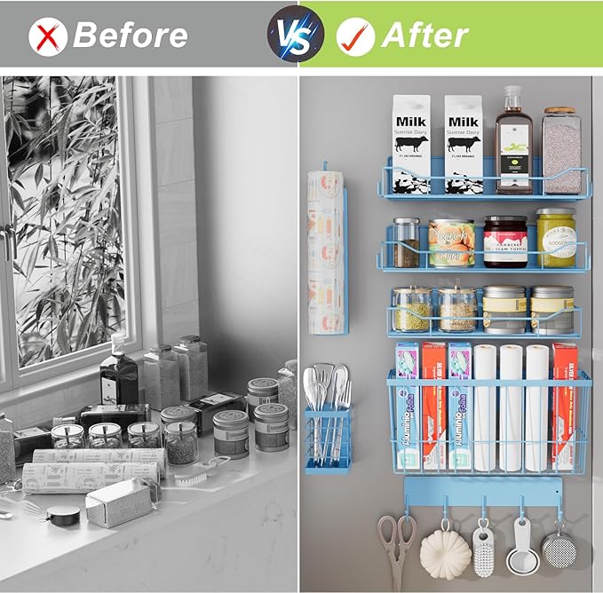 Magnetic Spice Rack for Refrigerator, 7 Pack Magnetic Fridge Shelf for Kitchen Organization Storage, Moveable Spice Organizer W/Paper Towel Holder, Utensil Caddy, Cutting Board Rack (Blue)