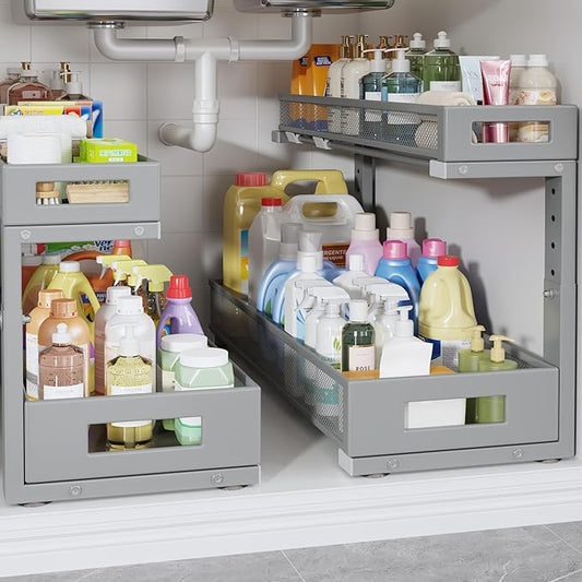 2 Pack 20.47IN Depth Under Sink Storage Organizer, Large 2-Tier Elegant Mesh Pull Out Shelf for Kitchen and Bathroom Cabinet Organization, L-Shaped and Adjustable Height Design-Grey