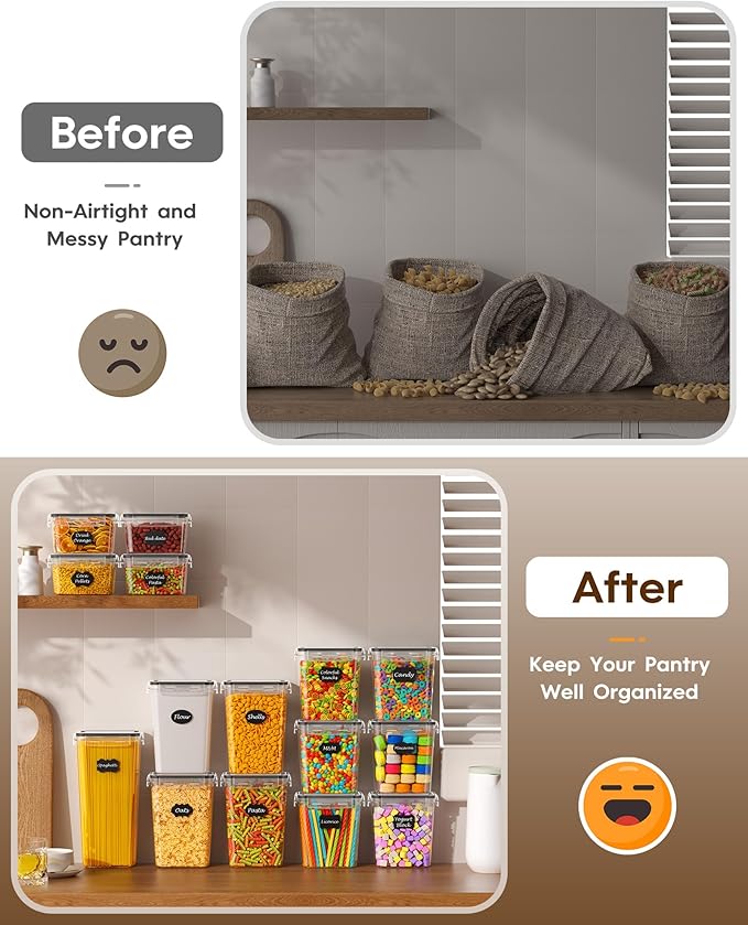 15 Pack Airtight Food Storage Containers with Lids, Kitchen Pantry Organizers and Storage, BPA-Free Plastic Food Canisters for Cereal, Flour, Sugar, Pasta, Dry Food, Include Labels & Marker
