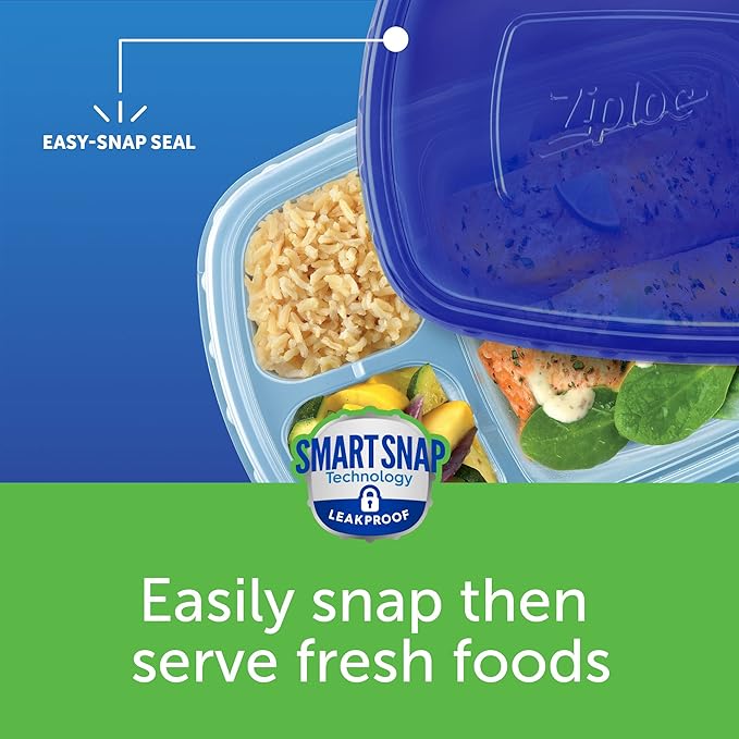 Ziploc Food Storage Meal Prep Containers Reusable for Kitchen Organization, Smart Snap Technology, Dishwasher Safe, Divided Rectangle, 8 Count