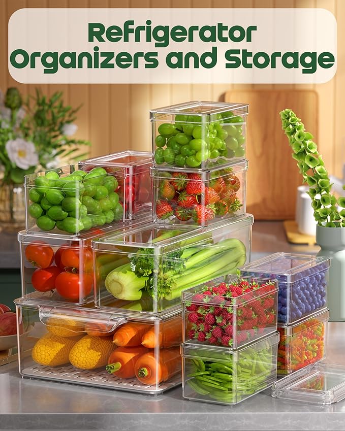 11 Pack Refrigerator Organizers and Storage, Stackable Fridge Organizer Bins, BPA-Free Clear Plastic Fruit Storage Containers for Fridge, Kitchen, Fruits, Drinks, Produce, Vegetable
