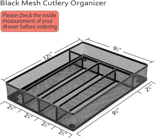 Silverware Tray for Drawer, Silverware Organizer, Metal Drawer Organizer Kitchen Utensils with Foam Feet Multi Compartments Cutlery Organizer in Drawer (BLACK)