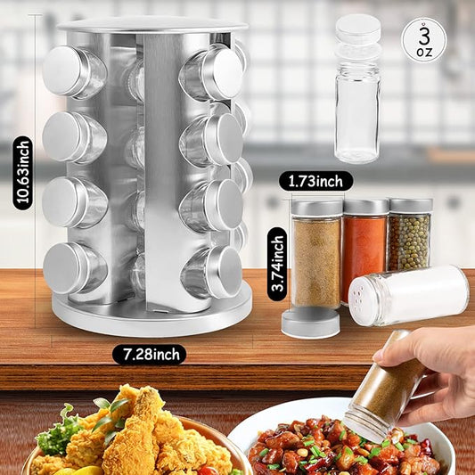 WAYDA Rotating Spice Rack with 16 Jars, Revolving Spice Rack Organizer for Cabinet, Seasoning Organizer Stainless Steel Kitchen Spice Tower with Labels for Countertop