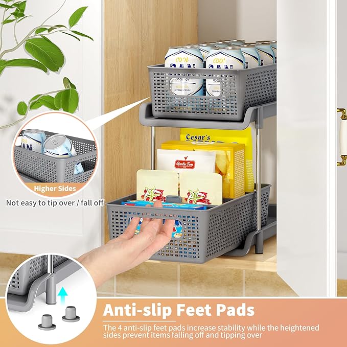 Bathroom Organizer with Dividers, 2Pcs 2 Tier Stackable Under Sink Organizers and Storage Cabinet Organizers for Bathroom Kitchen Pantry Organization and Storage, Medicine Cabinet Organizer