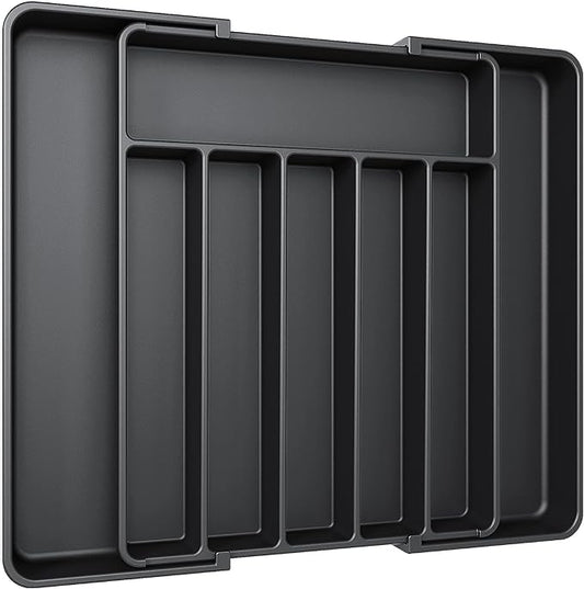 Aujen Expandable Kitchen Drawer Organizer - Multipurpose Black Cutlery and Utensil Organizer for Knives, Forks and More