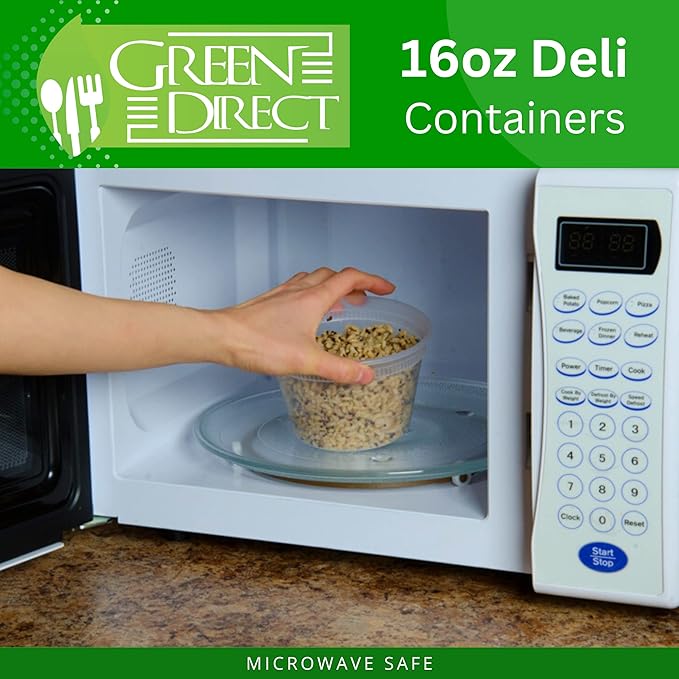 Green Direct 16 oz. Disposable Clear Plastic Containers with Lids 50 Pack, Lunch Leakproof Round Food Storage Containers, Freezer Safe for Food