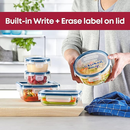 Pyrex Freshlock 5-Pack Mixed Sized Airtight Glass Food Storage Container Set with Microban, Non Toxic, BPA-Free Leakproof Locking Lids