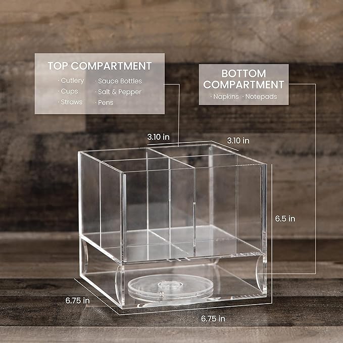 ELTOW Acrylic Swivel Silverware Caddy, Stylish Kitchen Table Organizer – Made with Clear Lucite, Holds Spoons, Forks, Knives, Straws, and Napkins