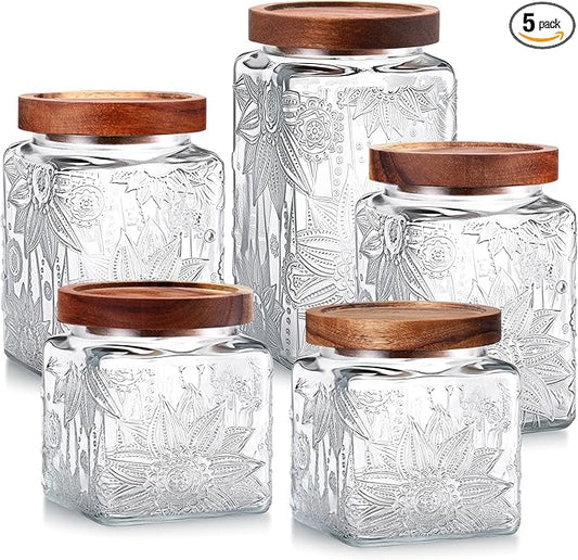 Suclain 5 Pcs Sunflower Vintage Glass Jars with Bamboo Lid 17/24/34 oz Glass Food Containers Storage for Kitchen Counter Pantry Sugar Flour Coffee Tea Candy Oats Cereal