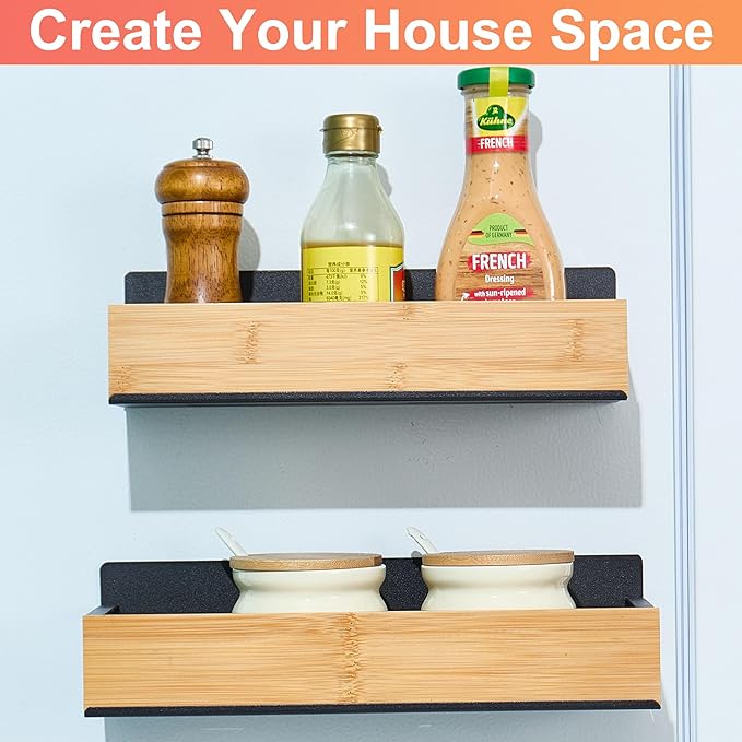 2 Pack Wooden Spice Rack, Metal & Magnetic, Upgraded Widened Fridge Spice Rack