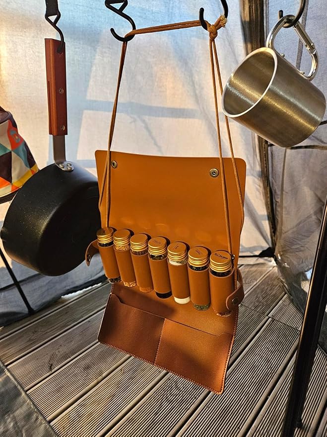 Camping Spice kit with 7 spice Jar, rope, Spice Labels Sticker, 4 Silicone Gasket, Travel Seasoning container, portable spice bag for travel (Waterproof)
