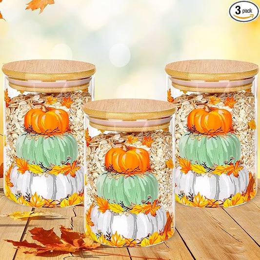 3Pcs Fall Glass Storage Jars Colorful Pumpkin Pile Clear Canisters Sets with Airtight Bamboo Lid for Farmhouse Autumn Thanksgiving Home Kitchen Countertop Decor