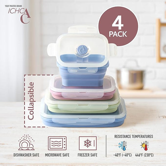 ICHC Set of 4 Collapsible Food Storage Containers - Space-Saving Silicone Meal Prep Boxes, Airtight and Stackable Lunch Containers, Microwave and Freezer Safe