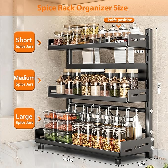 VORA Spice Rack for Countertop, 3 Tier Height-Adjustable Spice Organization for Cabinet, Kitchen Countertop Organizer, Metal Standing Large Seasoning Storage Shelf, Black