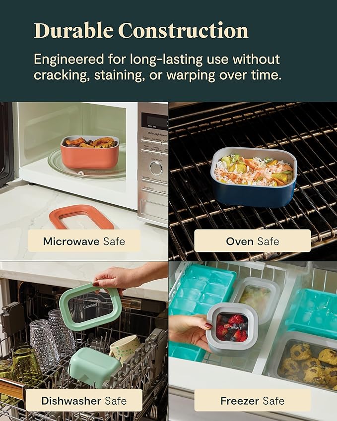 Caraway 6pc Glass Food Storage Set – 4.4 Cup Food Containers (6) - Ceramic Coated - Non Toxic, Non Stick with Lids - Microwave Safe - Perracotta