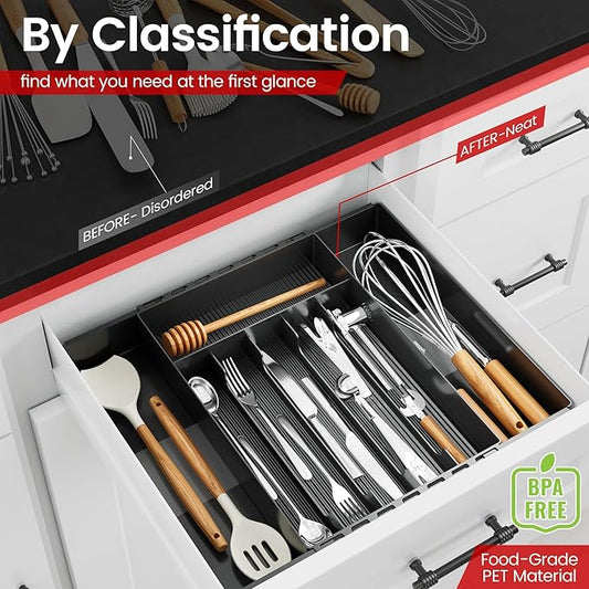 EZ COZY Silverware Organizer, 8 Slots Expandable Kitchen Drawer Organizer, Adjustable Plastic Utensil Tray for Knives, Forks & Spoons, Multipurpose Silverware Holder, BPA-Free, Black