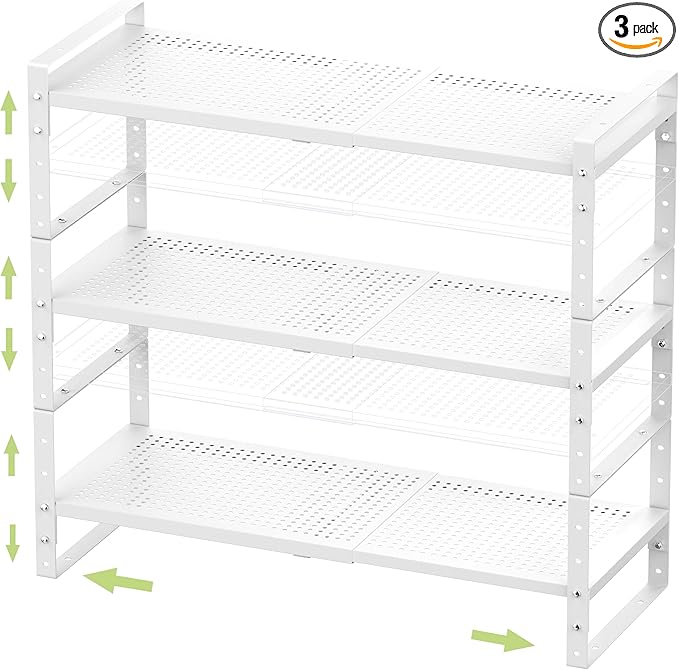 Expandable Stackable Aadjustable Spice Rack Pantry Shelf for Kitchen Cabinets Counter Shelves Countertop Cupboard Storage Solution,Sturdy Heavy-Duty Metal Construction(3Packs/White/Large)
