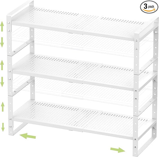 Expandable Stackable Aadjustable Spice Rack Pantry Shelf for Kitchen Cabinets Counter Shelves Countertop Cupboard Storage Solution,Sturdy Heavy-Duty Metal Construction(3Packs/White/Large)