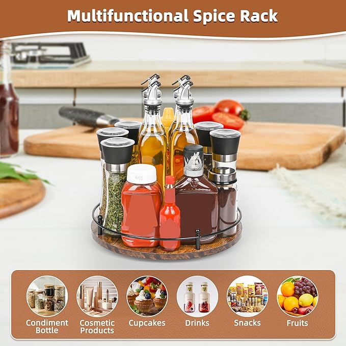 Single Tier Lazy Susan Spice Rack Organizer, 12-Inch Wooden Rotating Turntable for Compact Countertop Cabinet Storage, 360 Degree Non Slip Spice Carousel, Kitchen and Bathroom Decor Easy Clean