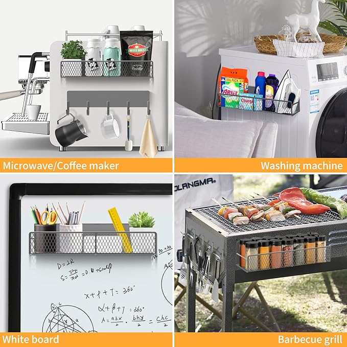 Grey Metal Spice Rack for Refrigerator, 10 Pack Moveable Magnetic Shelf Organizer with Hook Rack, Paper Towel Holder, Kitchenware Holder, Strong Magnetic Storage Fridge Organizer