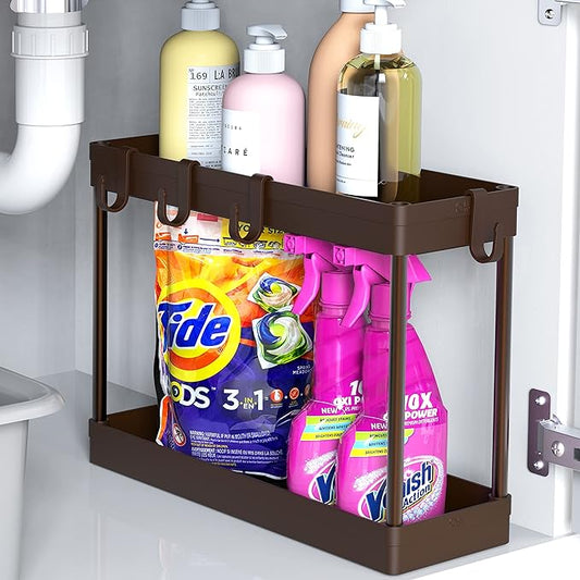 Simple Houseware 2-Tier Under Sink Organizer Storage Tray with Hooks, Brown