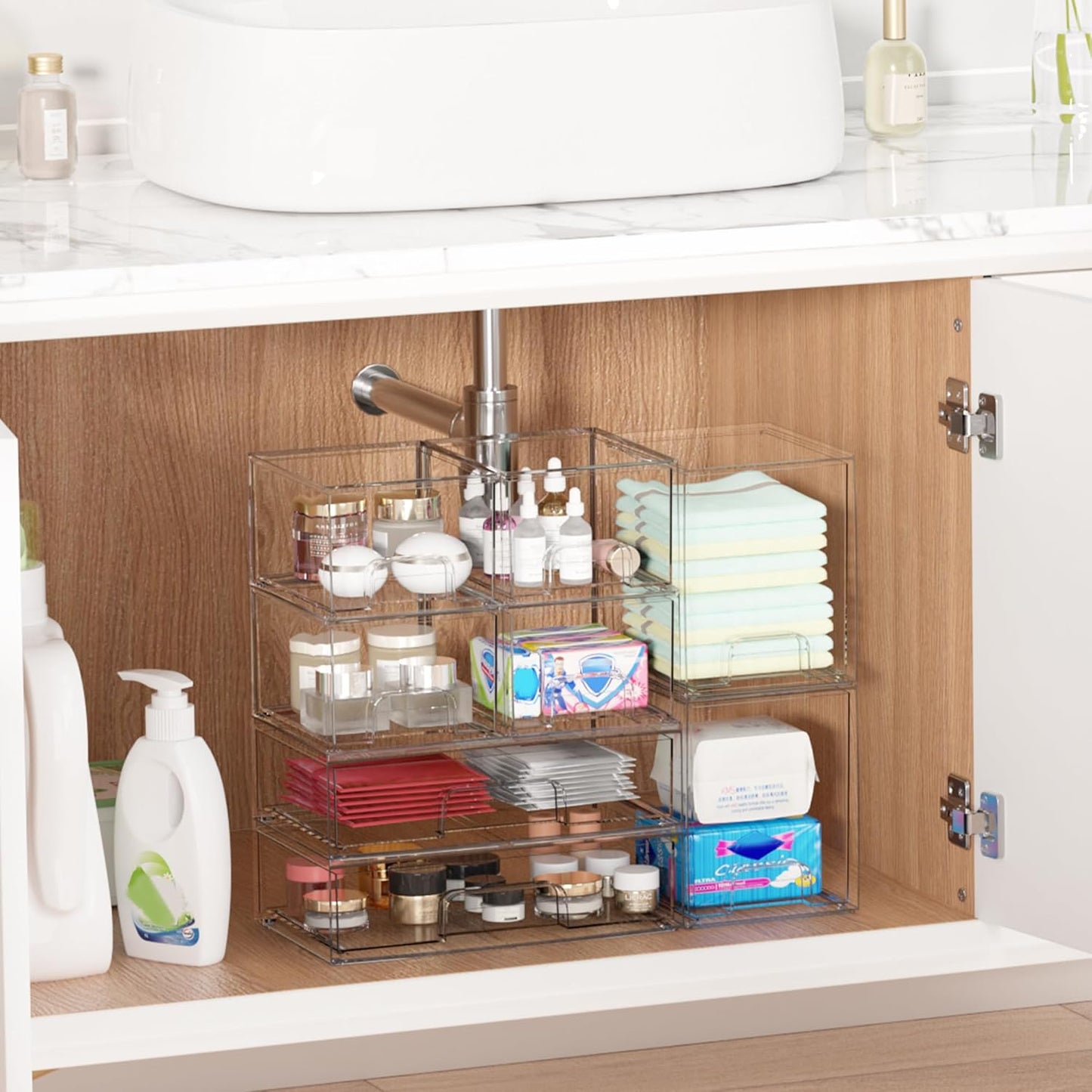 Vtopmart Stackable Storage Drawers Set of 3,Clear Plastic Organizer Bins for Makeup, Cosmetics, Beauty Supplies,Ideal for Vanity, Bathroom,Cabinet,Pantry Organization