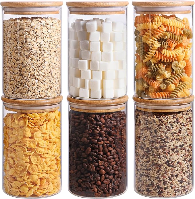 ComSaf 32oz Glass Storage Containers with Lids, Glass Jars with Lids, Clear Food Storage Jar, Round Canister Set of 6, Pantry Organizers for Cookie Pasta Flour Rice Tea Coffee Bean